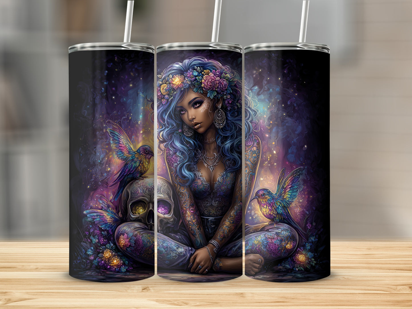 Ethereal Fantasy Woman and Hummingbirds Tumbler