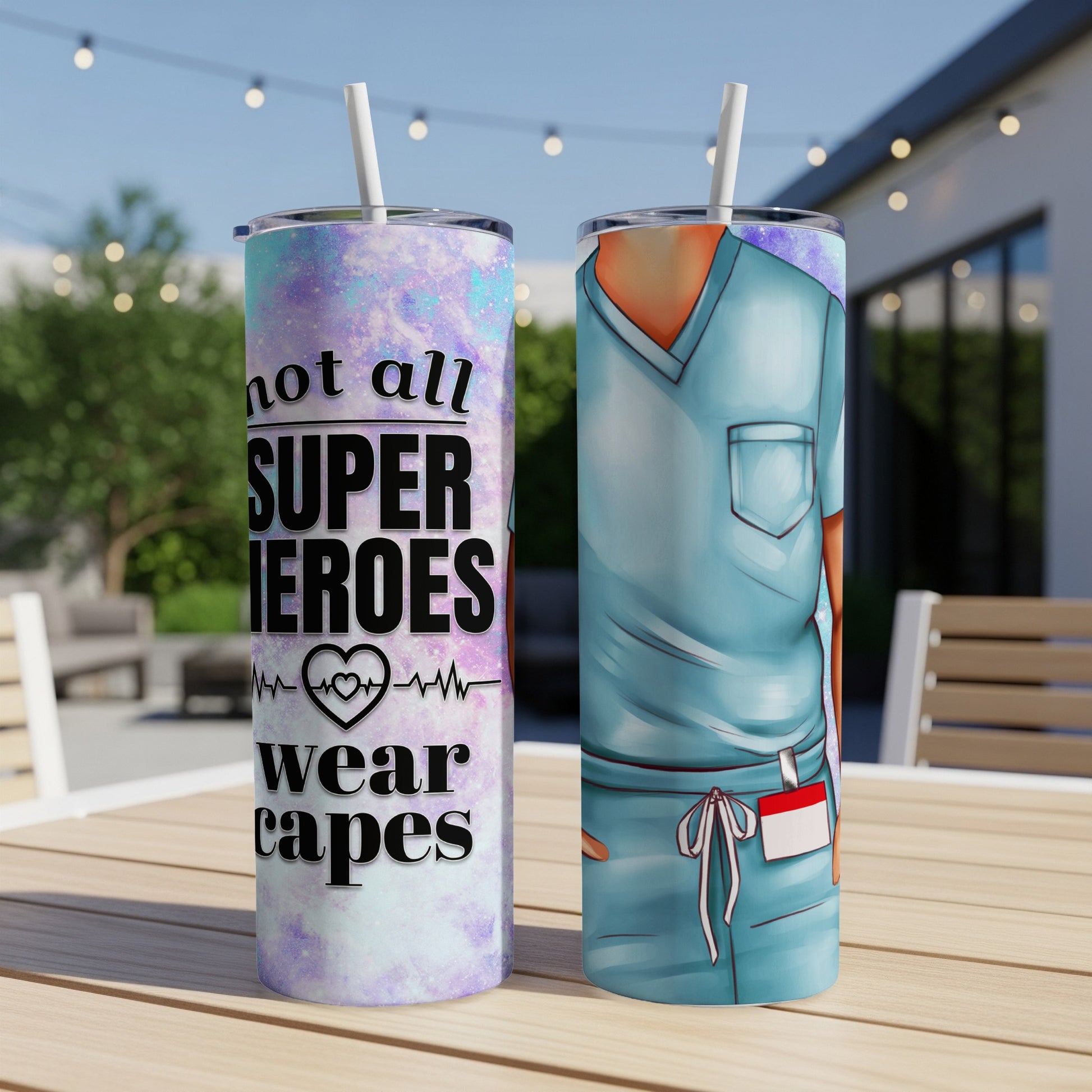 Tumbler with "not all super heroes wear capes" text and nurse scrubs design.