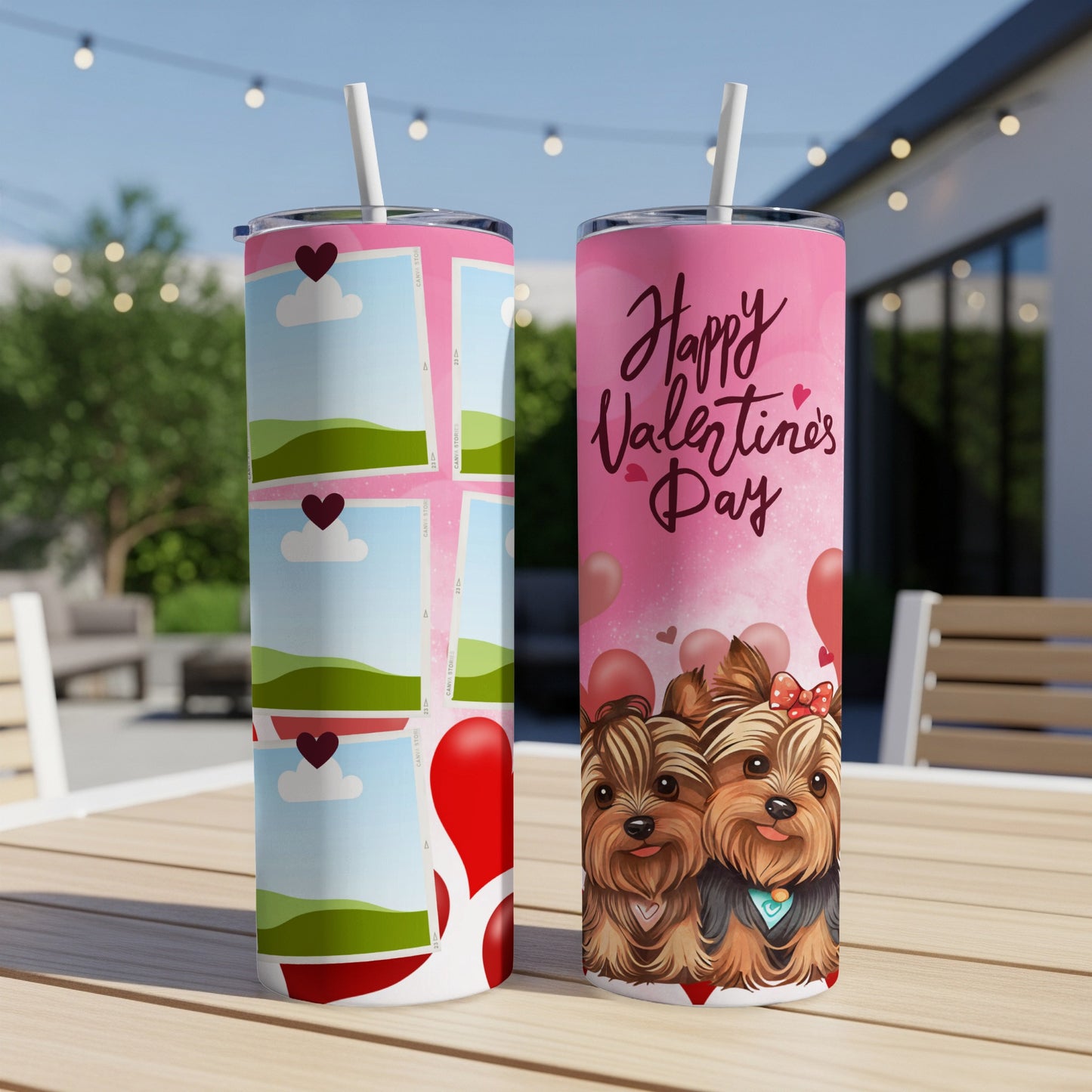 Two skinny tumblers, one with a photo collage and one with "Happy Valentine's Day" and dogs.