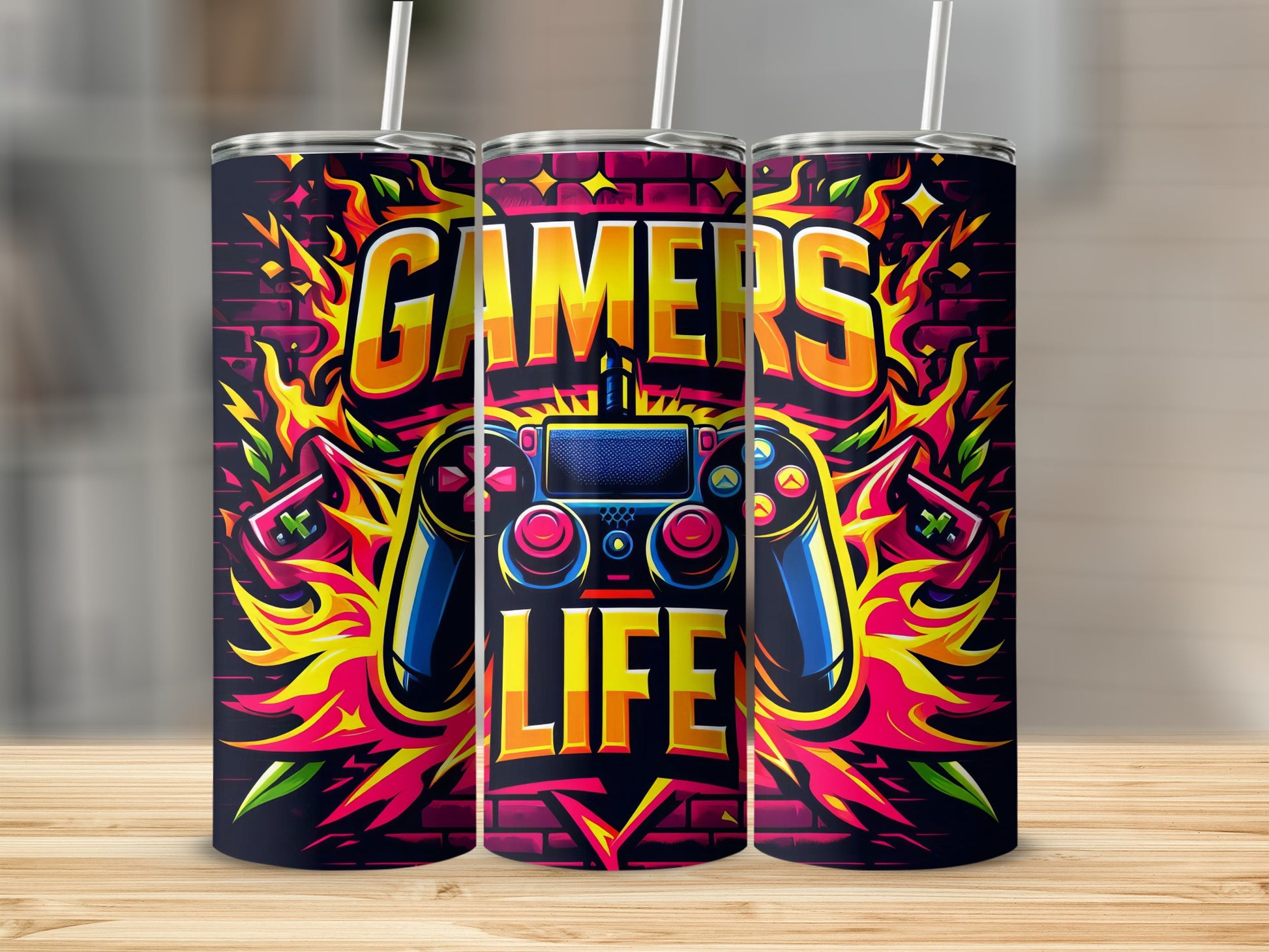 Three tumblers with "Gamers Life" text and a video game controller design.
