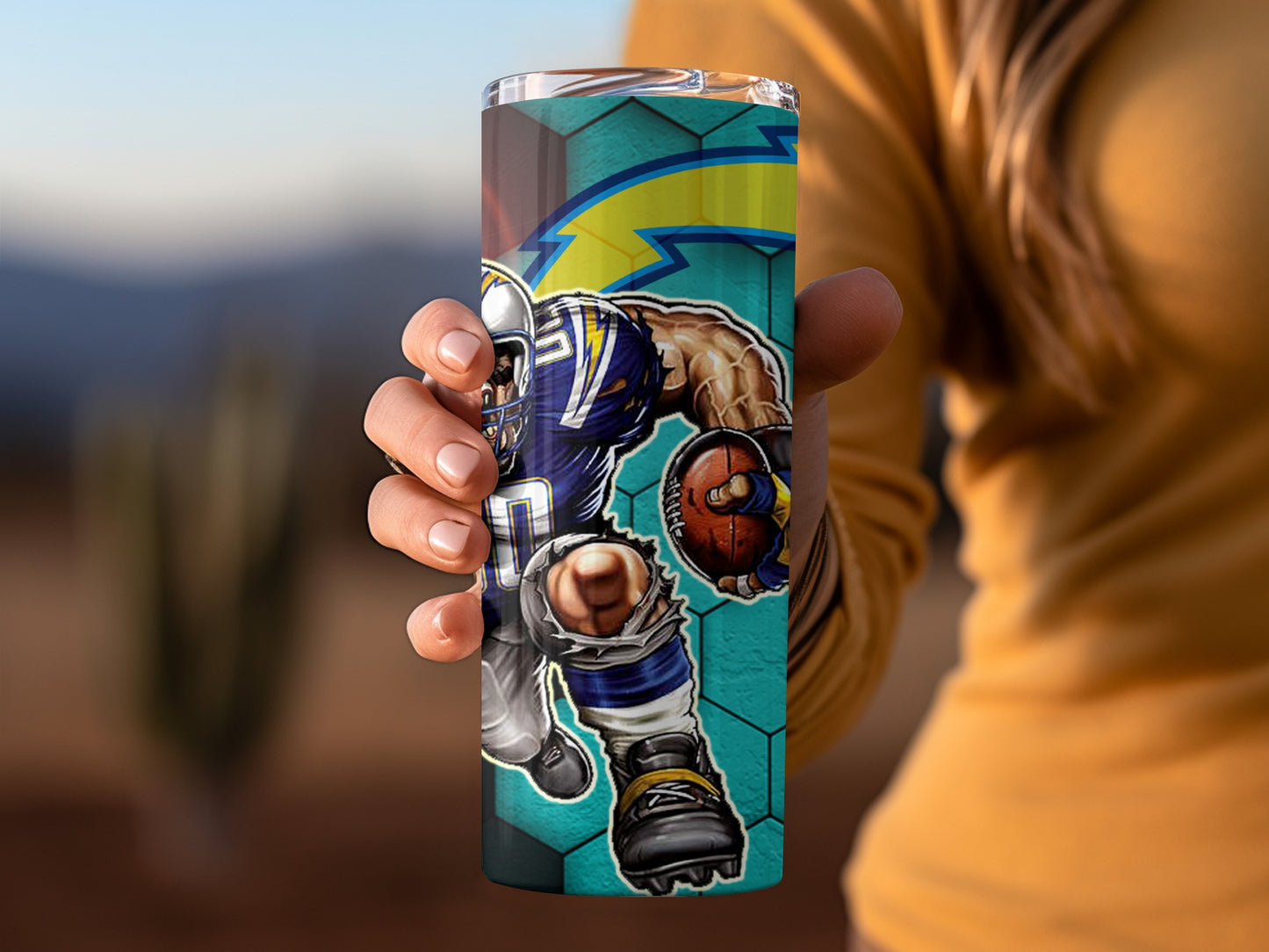 Football Player Charger Logo On Hexagon Background Tumblers