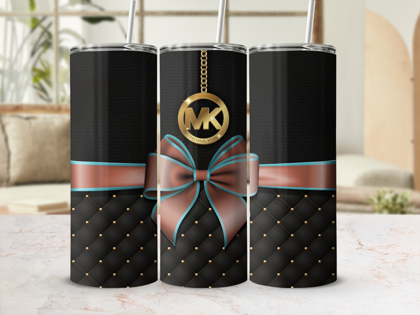 Elegant Black Quilted Tumbler with Gold Accents and Bow