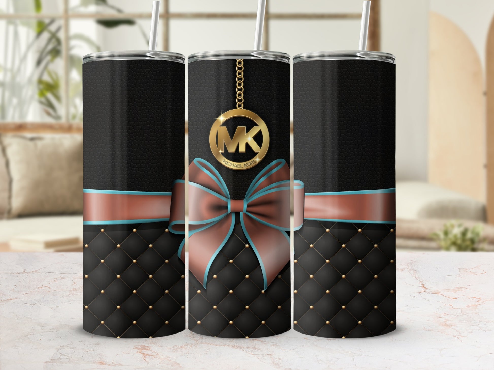 Elegant Black Quilted Tumbler with Gold Accents and Bow