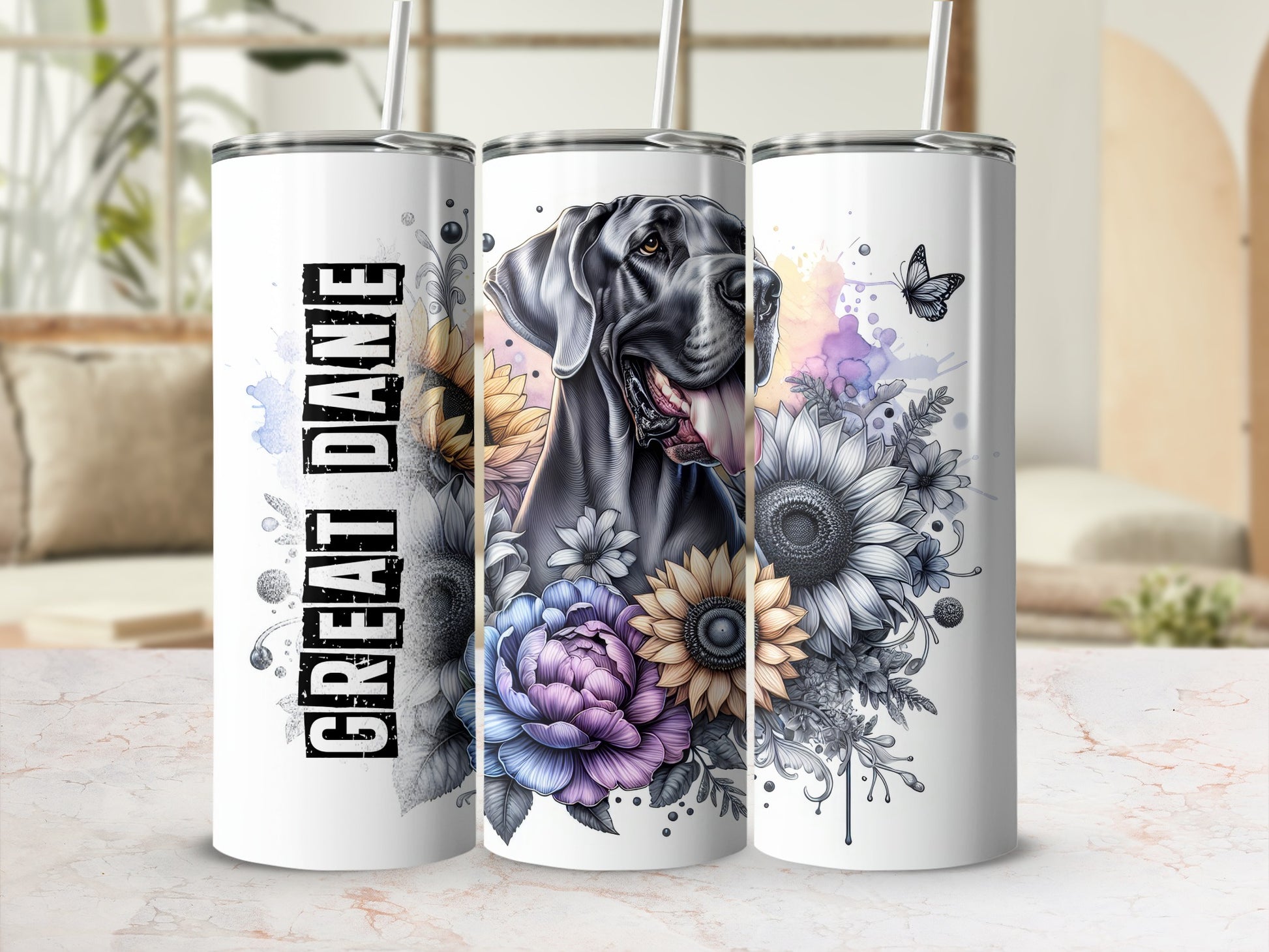 Great Dane and floral design on three white tumblers.
