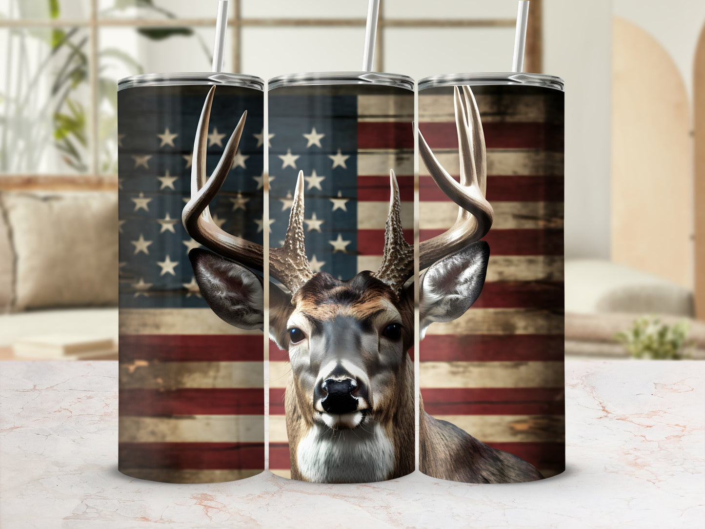 Deer and distressed American flag design on a 30 oz tumbler.