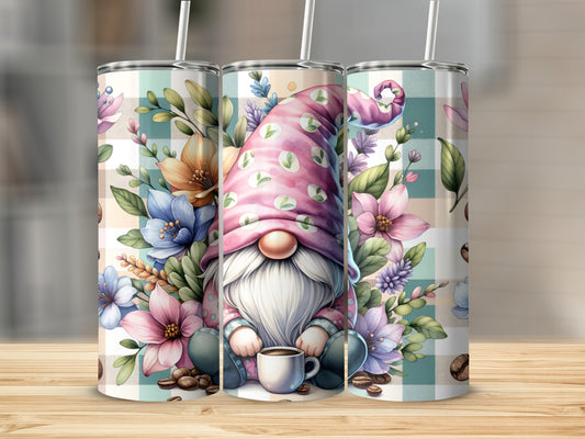 Gnome with coffee cup and flowers, plaid background, tumbler design.