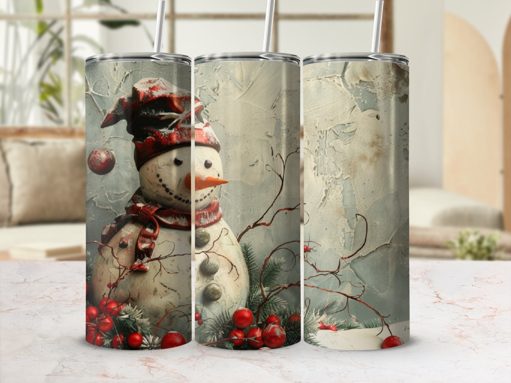 Snowman with red scarf and hat, adorned with berries and ornaments.