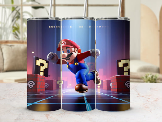 Mario running on a glowing grid with question mark blocks.