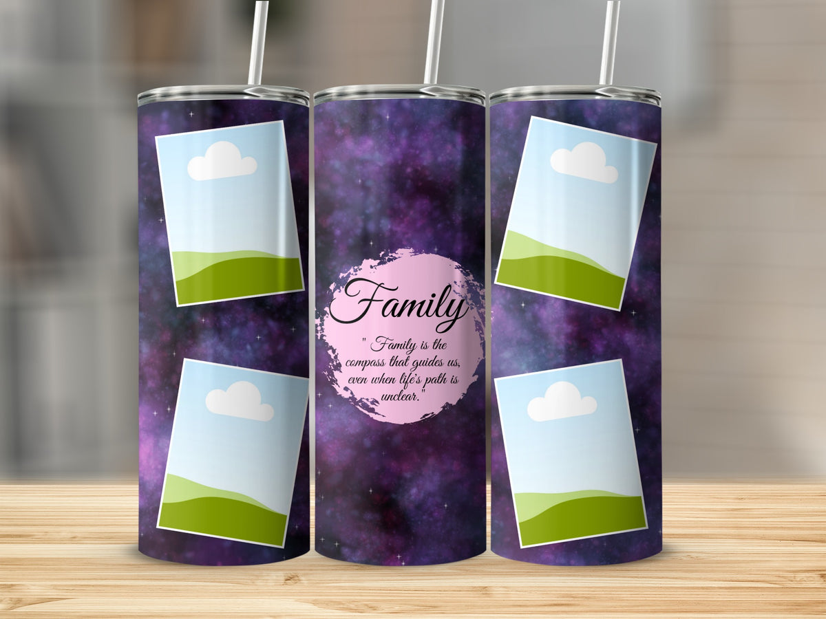 Purple galaxy tumbler with photo frames and "Family" quote.