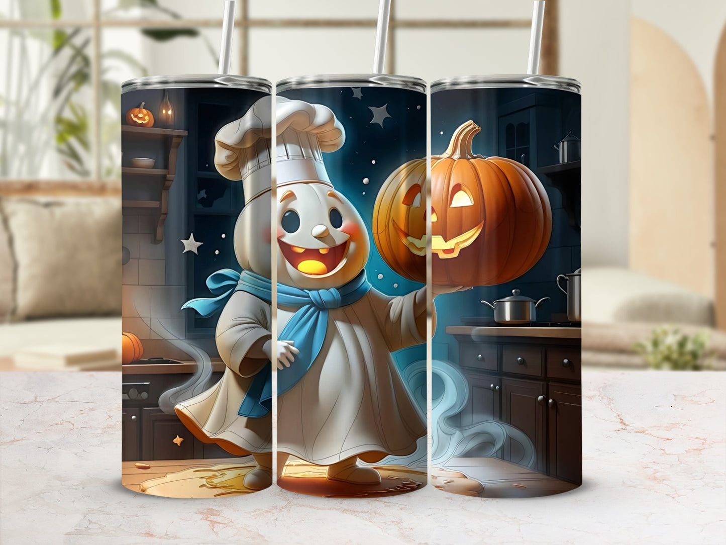Chef character in chef hat holding a carved pumpkin, in a kitchen.