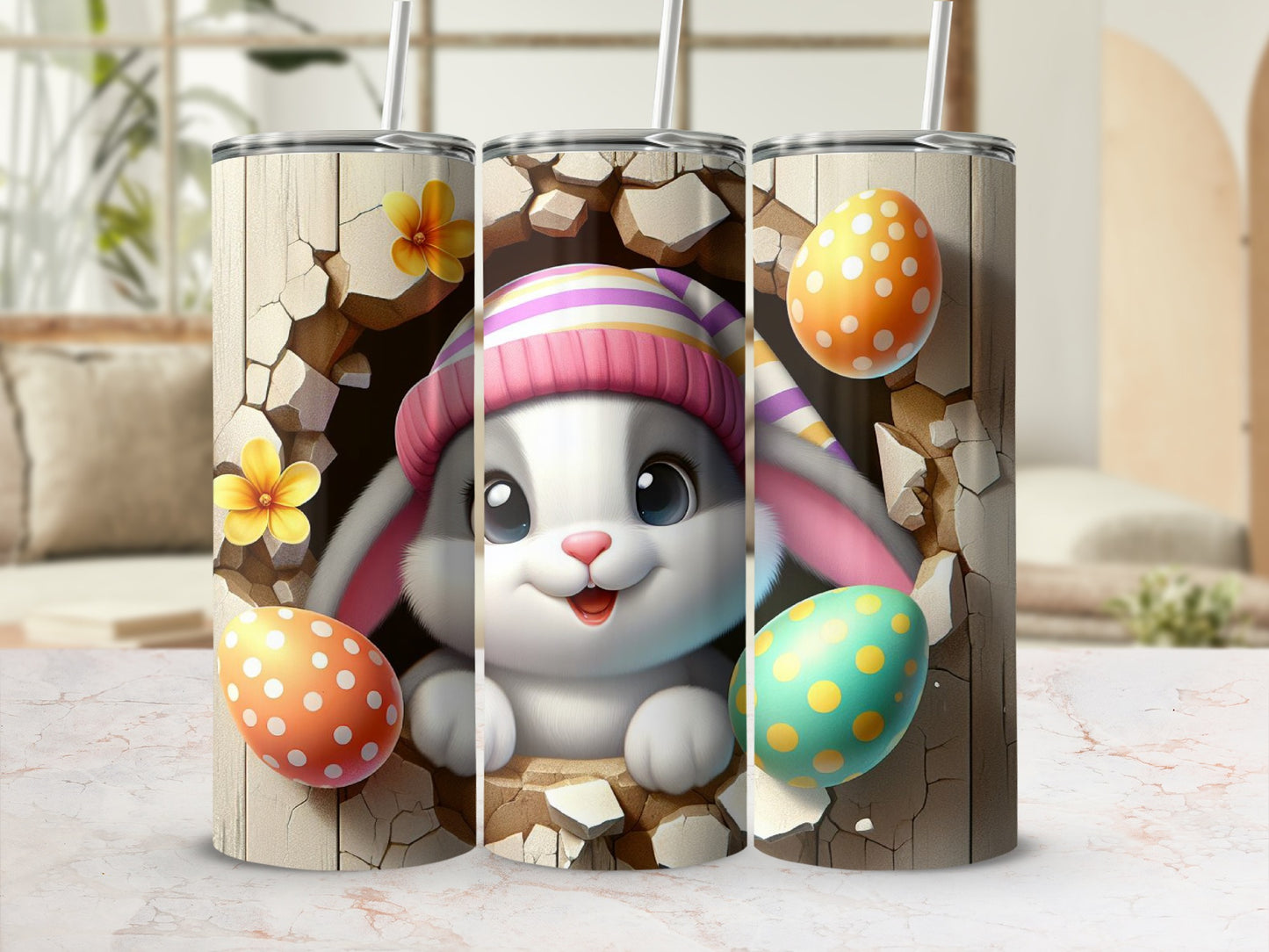 Easter bunny peeking through cracked wall with decorated eggs.
