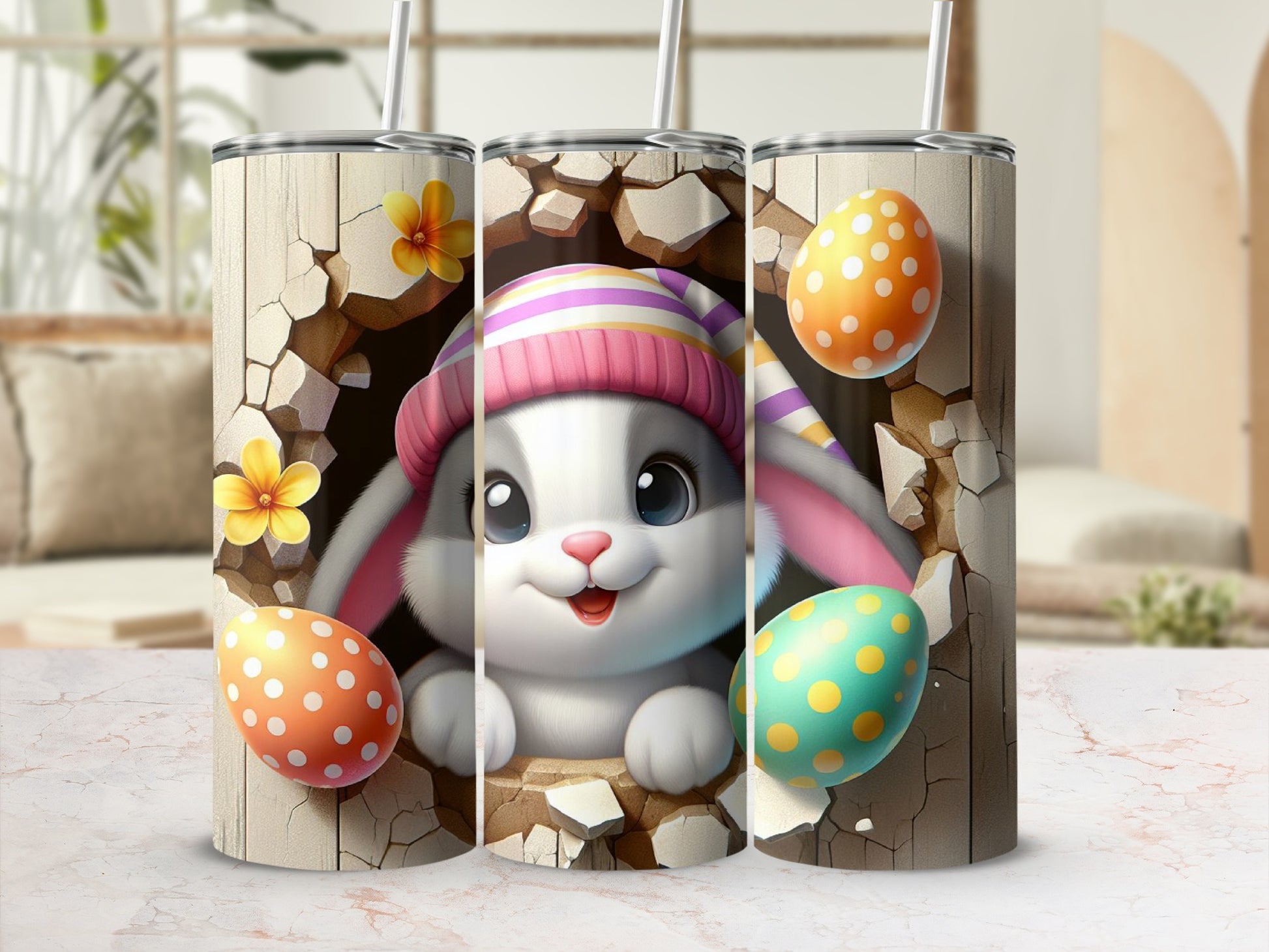 Easter bunny peeking through cracked wall with decorated eggs.