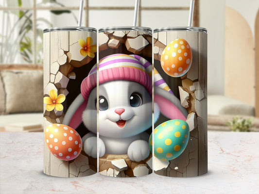 Easter bunny peeking through cracked wall with decorated eggs.