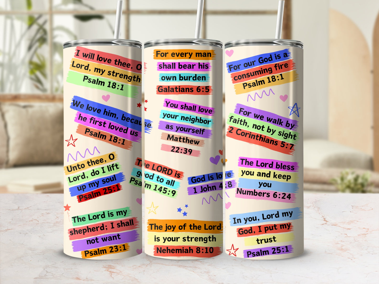 Inspirational Bible Verse Tumbler with Colorful Design