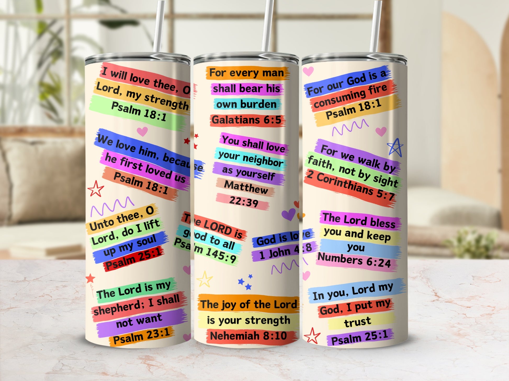 Inspirational Bible Verse Tumbler with Colorful Design