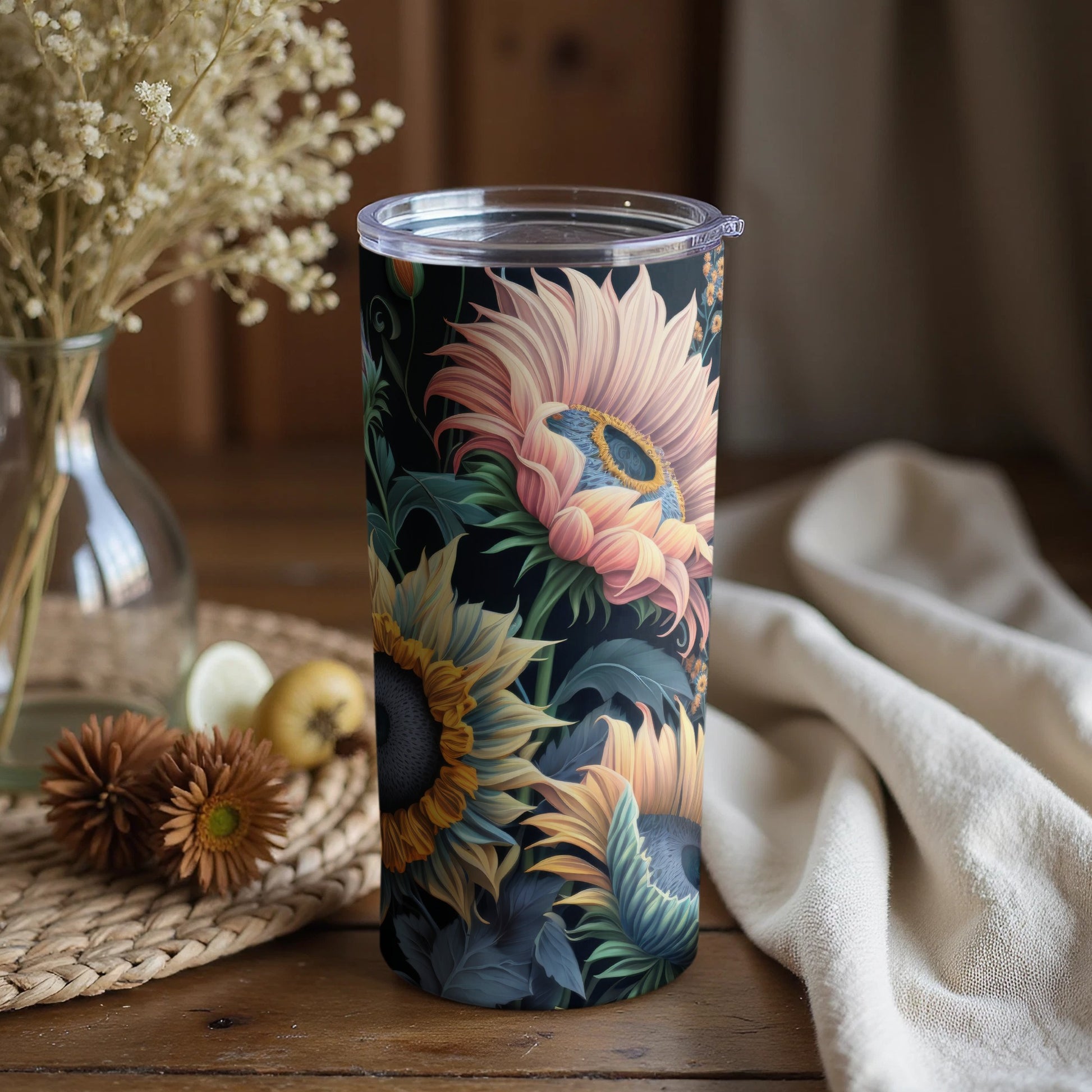 Floral Sunflower Pattern Insulated Tumbler Cup