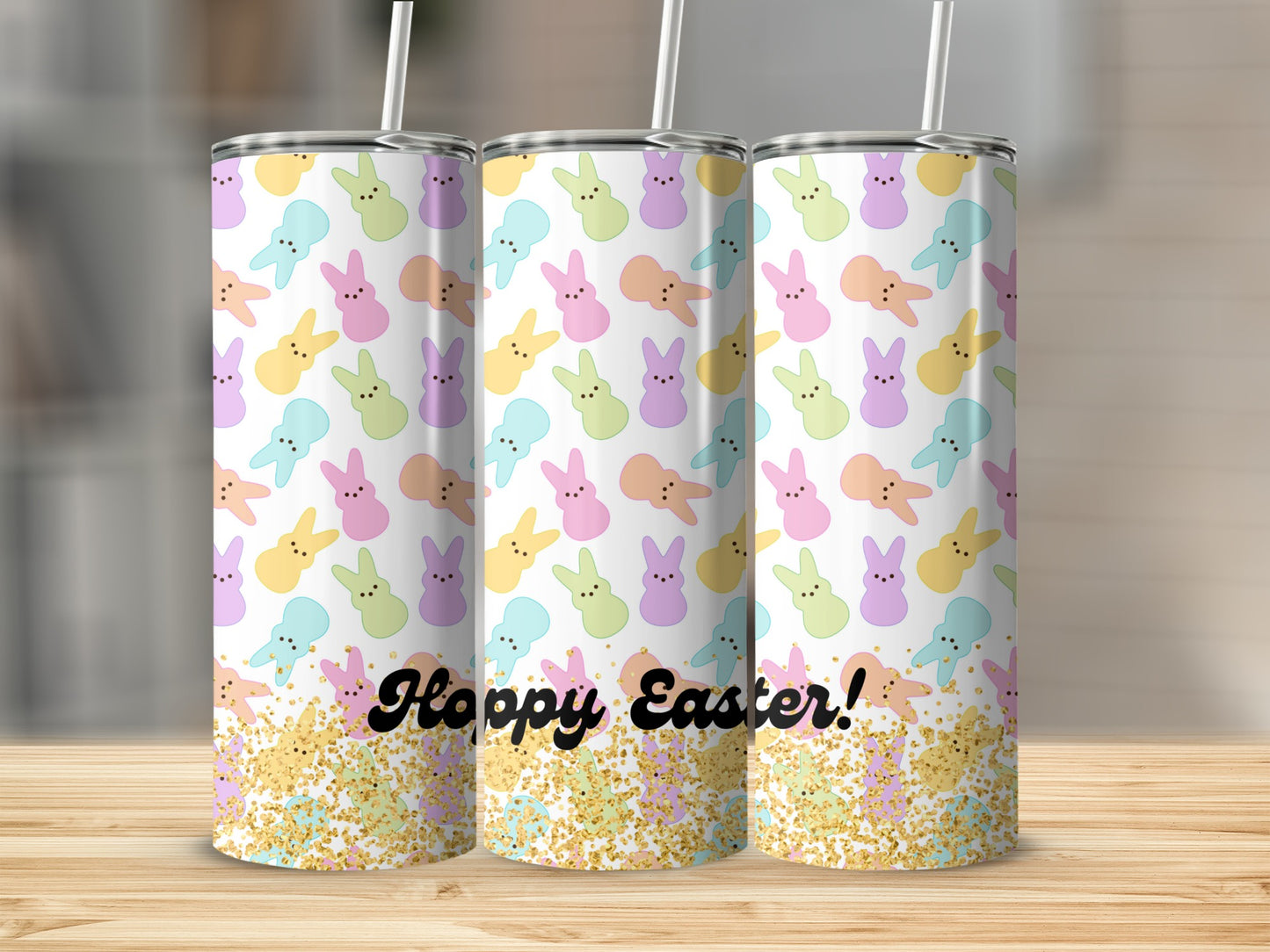 Easter bunny themed tumbler with "Hoppy Easter!" text and glitter.
