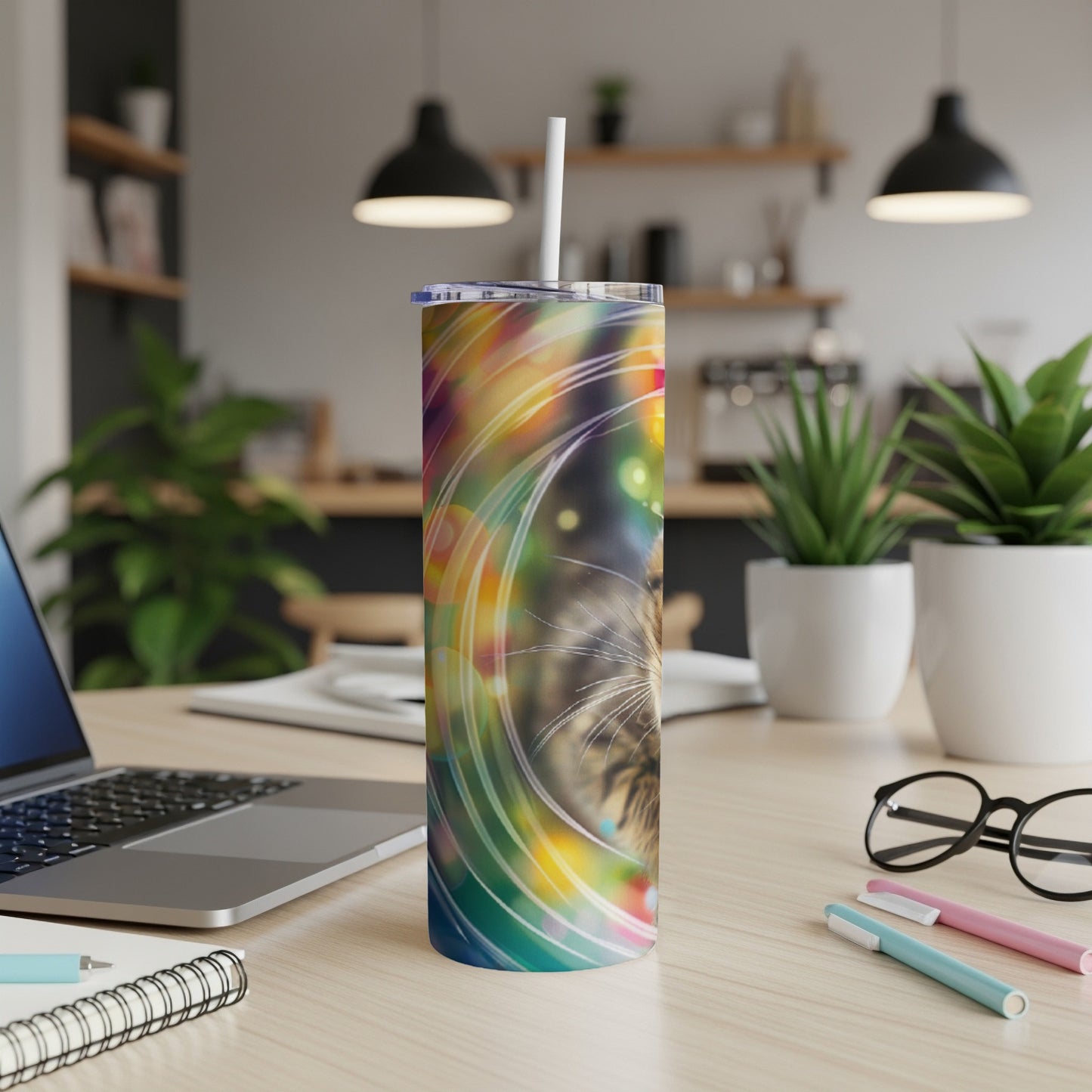 Tumbler with colorful cat face design on desk next to laptop.