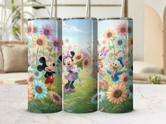Colorful Cartoon Characters in Flower Meadow Stainless Steel Flask