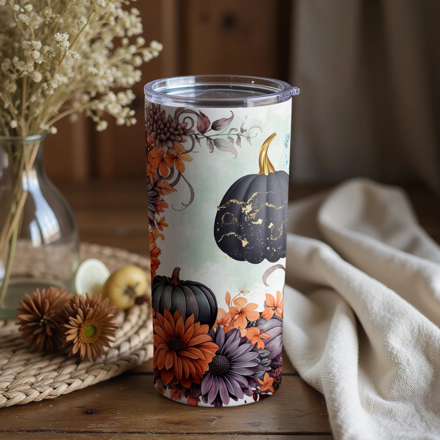 Elegant Black Pumpkin and Autumn Flowers Tumbler