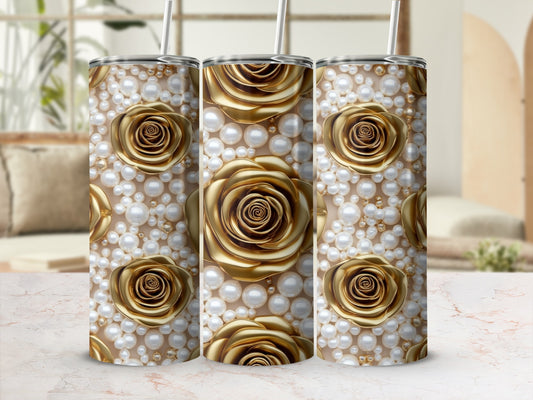 Gold roses and pearls pattern on a tumbler with a straw.