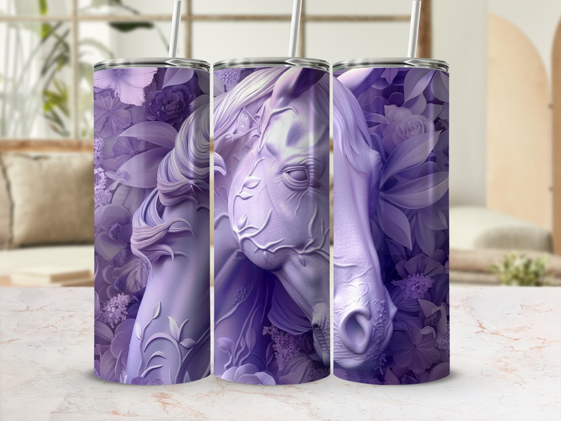 Purple horse head surrounded by flowers on a tumbler.
