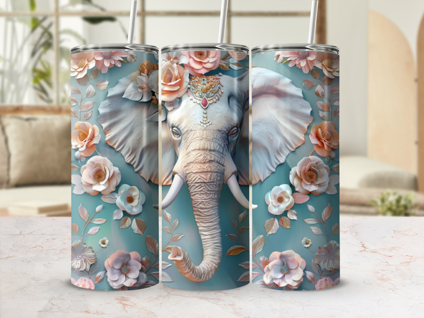 Elephant with floral accents and ornate headdress on a tumbler.