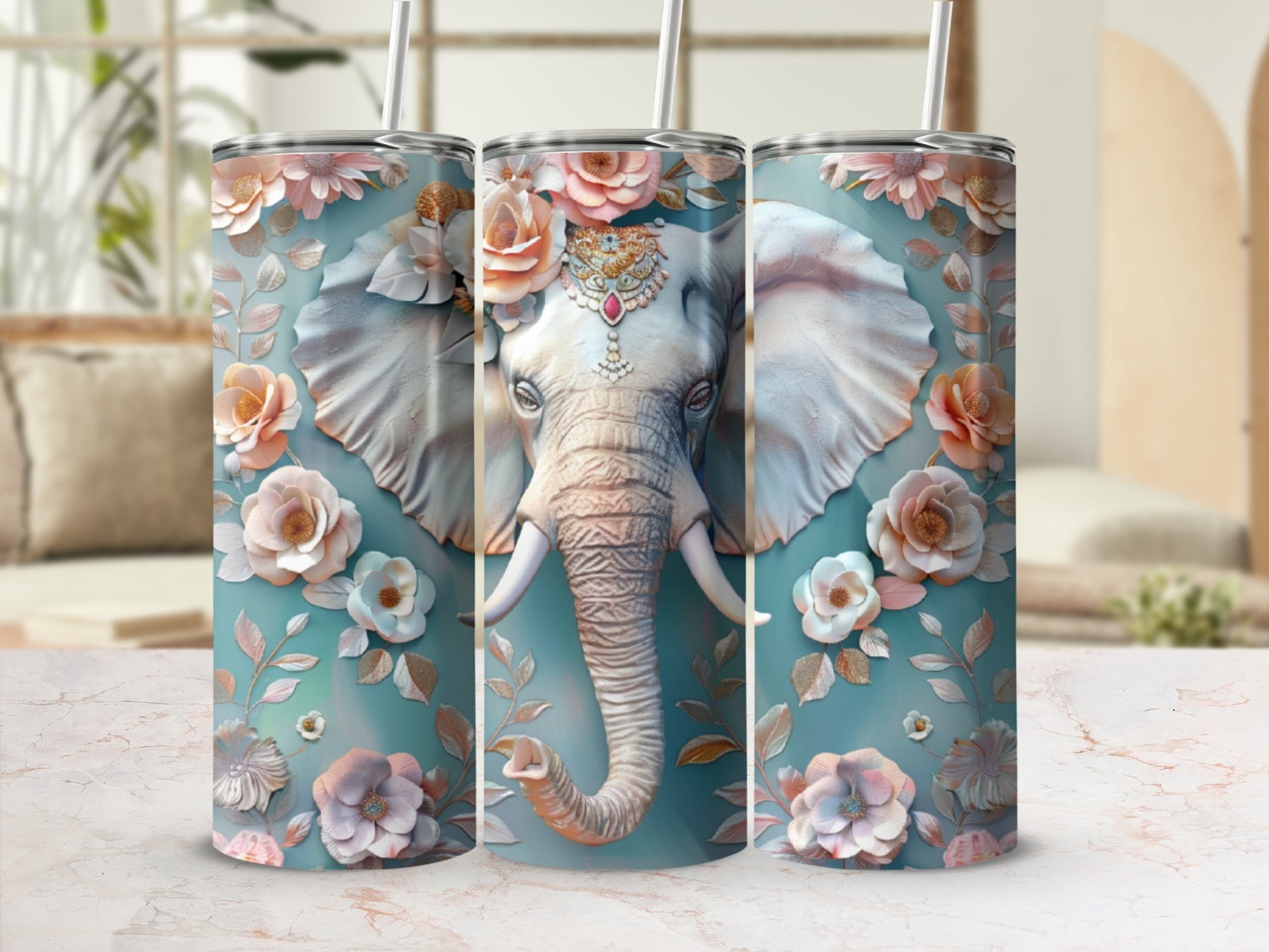 Elephant with floral accents and ornate headdress on a tumbler.