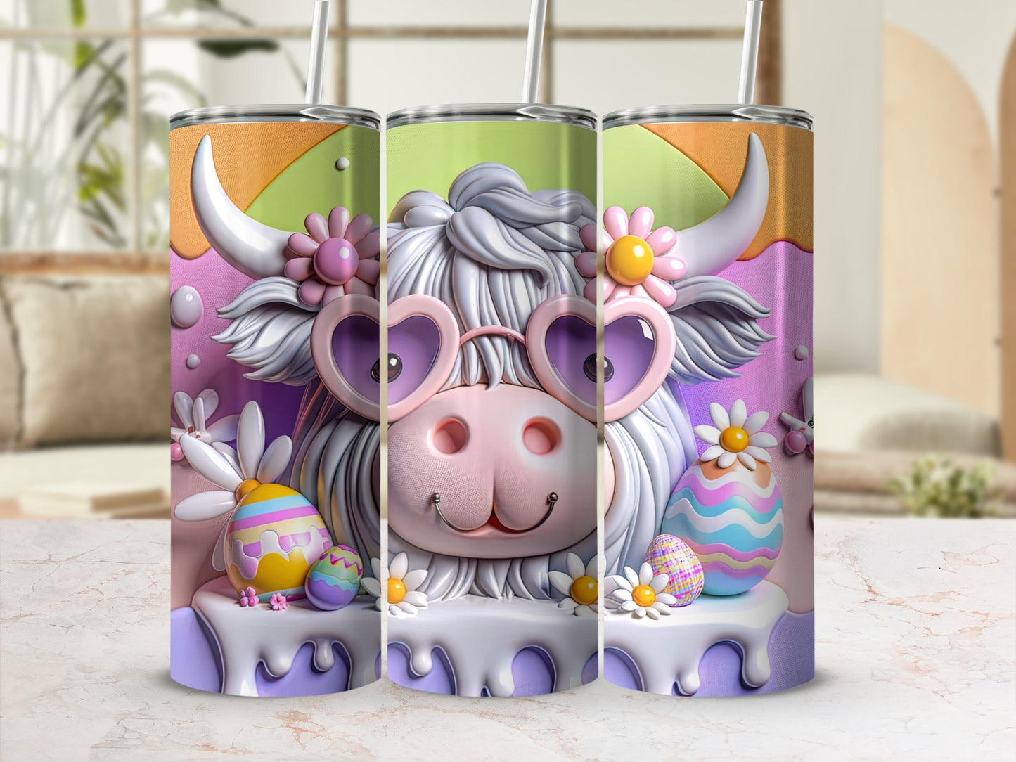 Cow with heart sunglasses and Easter eggs on a tumbler.