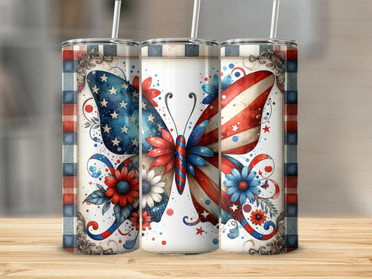 Butterfly design with American flag elements on a set of three tumblers.