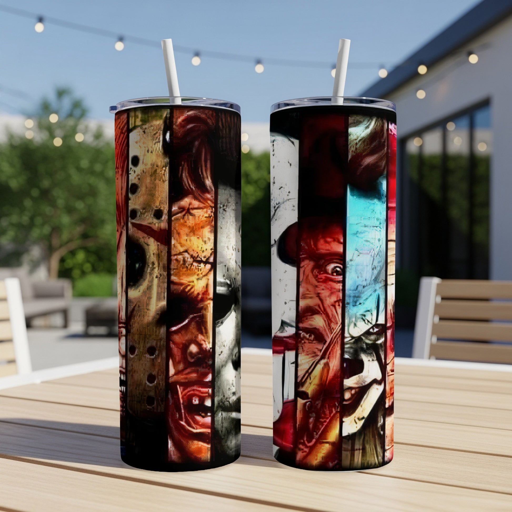 Two tumblers featuring split images of horror movie villains, one on each.