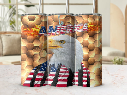 Eagle wearing American flag, Statue of Liberty, and fiery "America" text.