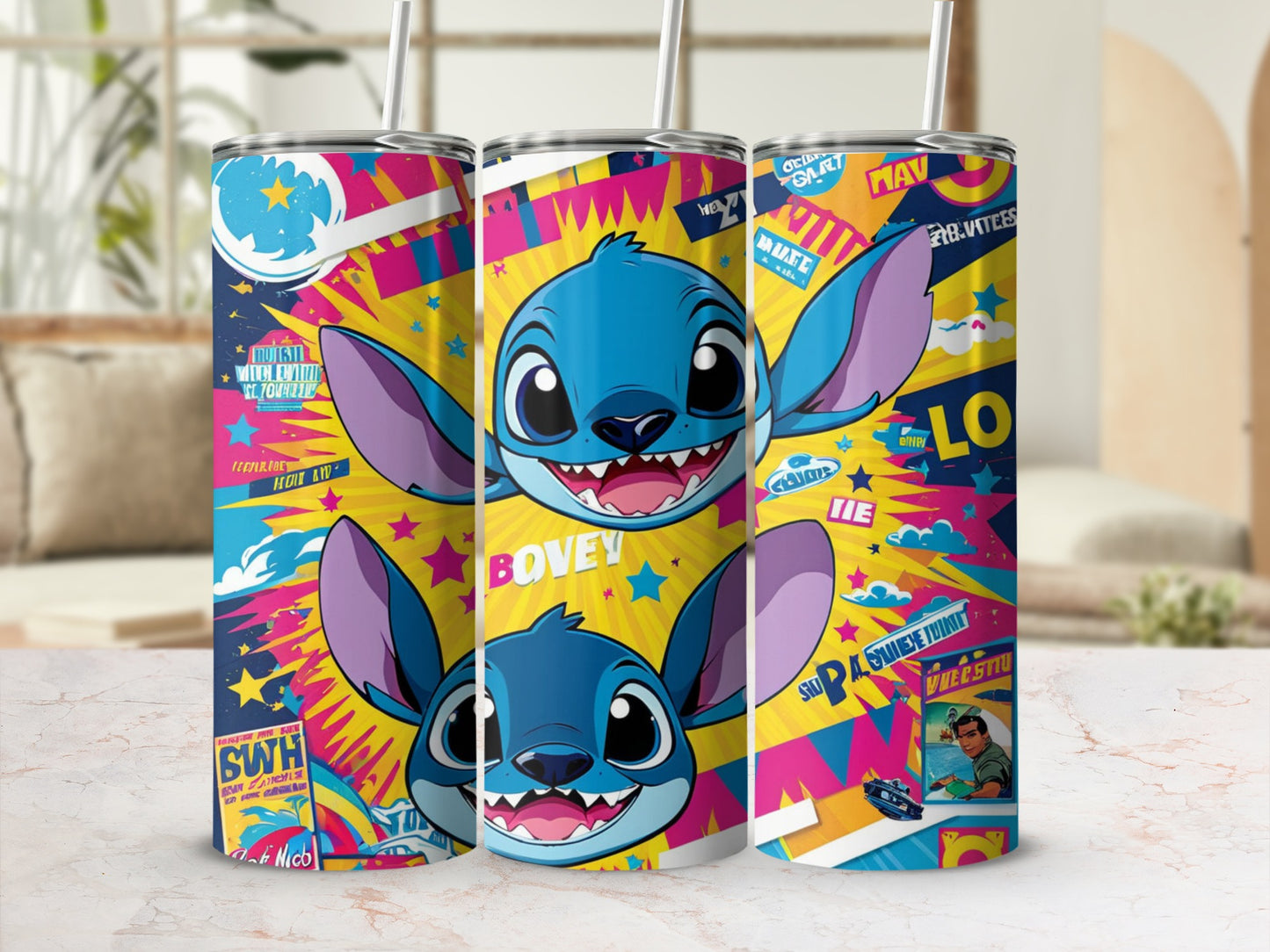 Two Stitch characters on a colorful tumbler with abstract designs and text.