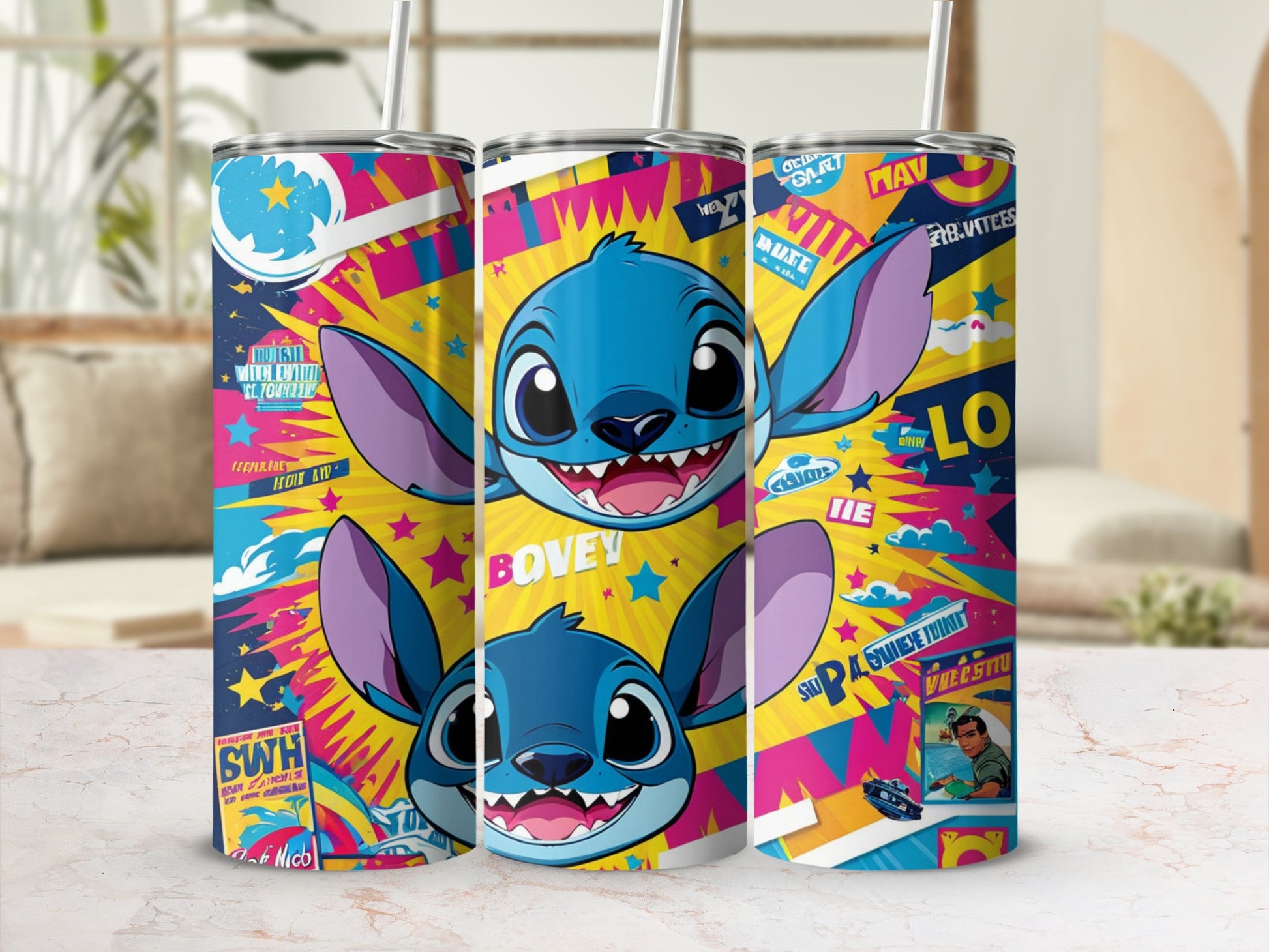 Two Stitch characters on a colorful tumbler with abstract designs and text.