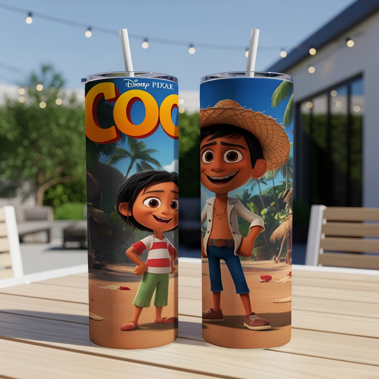 Two characters from Disney Pixar's COCO movie on a tumbler.