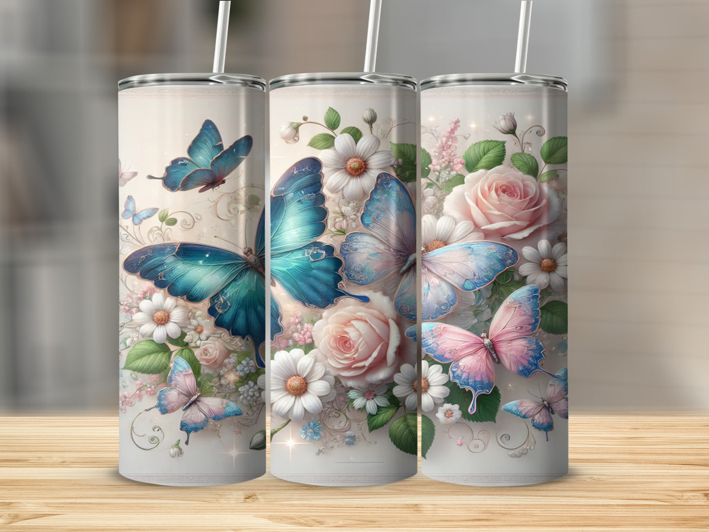 Floral Butterflies Design Sublimation Tumbler Cup 20oz