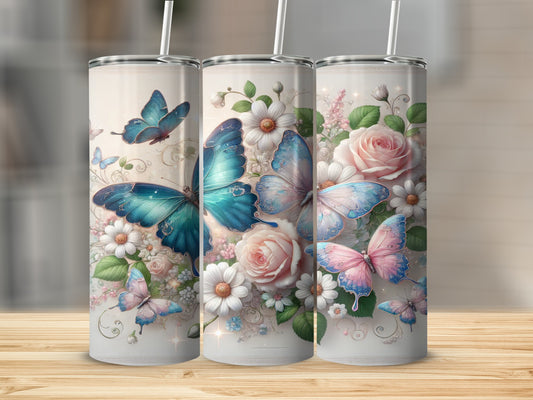Floral Butterflies Design Sublimation Tumbler Cup 20oz