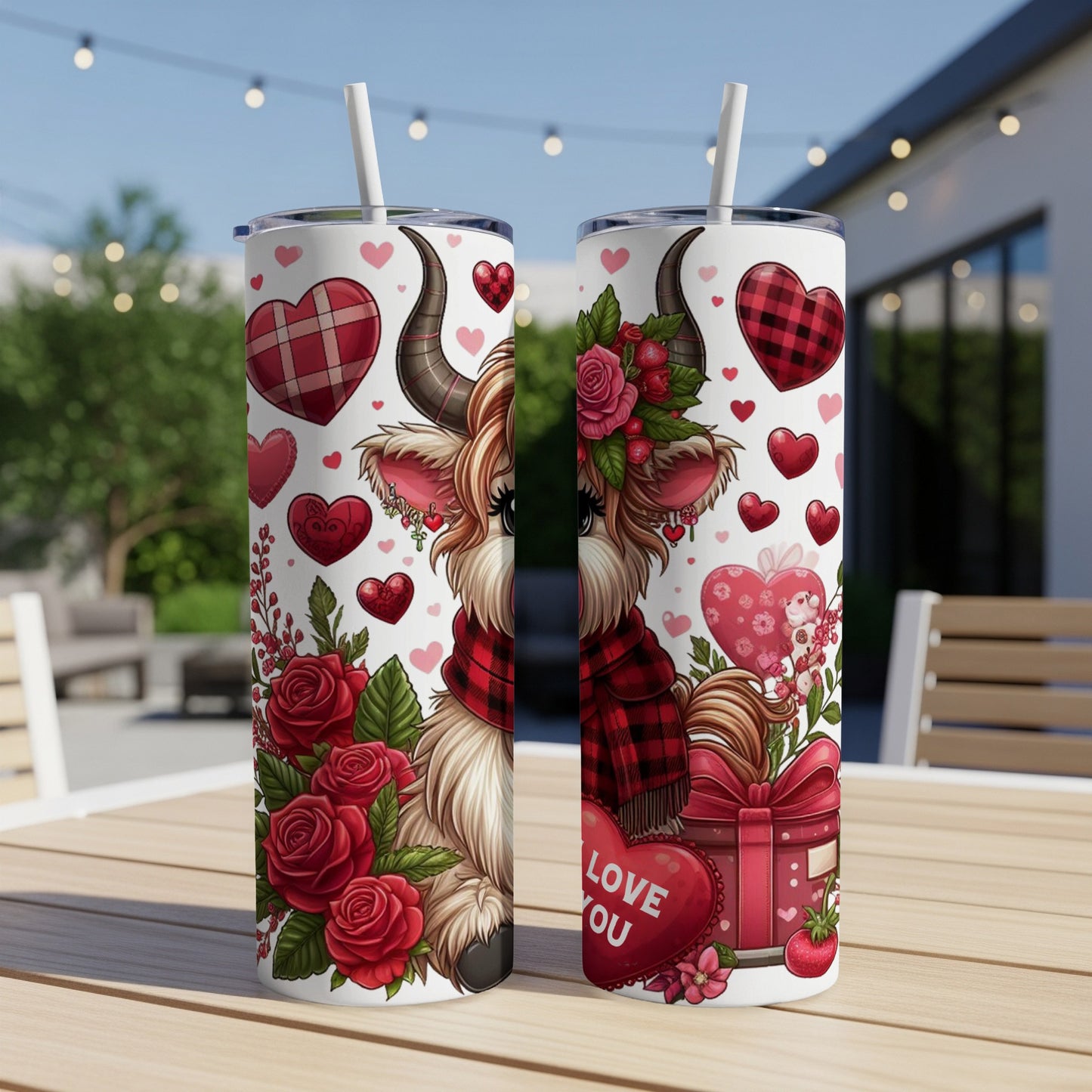 Two tumblers with Valentine's Day cow design, roses, hearts, and "I Love You".