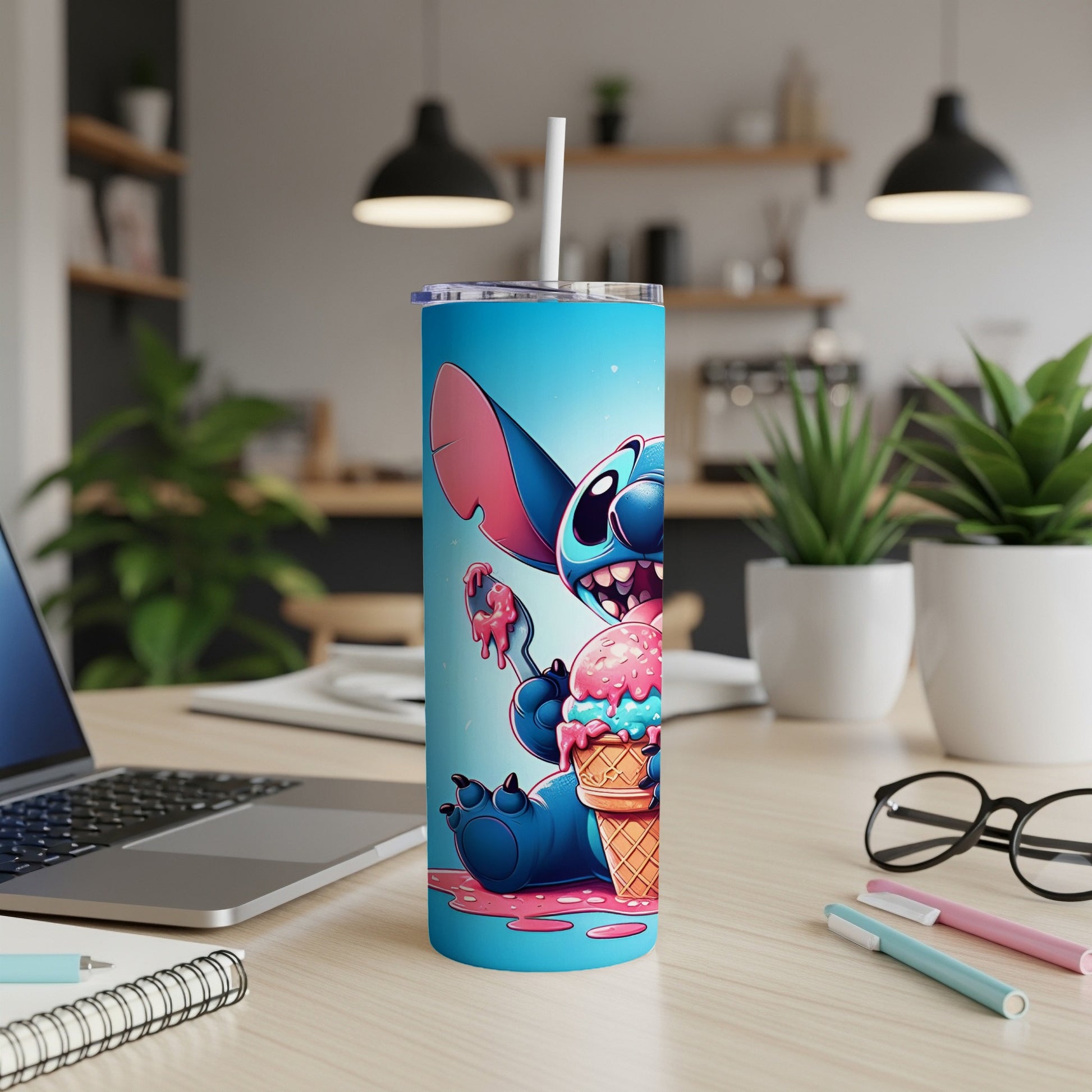 Blue tumbler with Stitch character holding a melting ice cream cone.