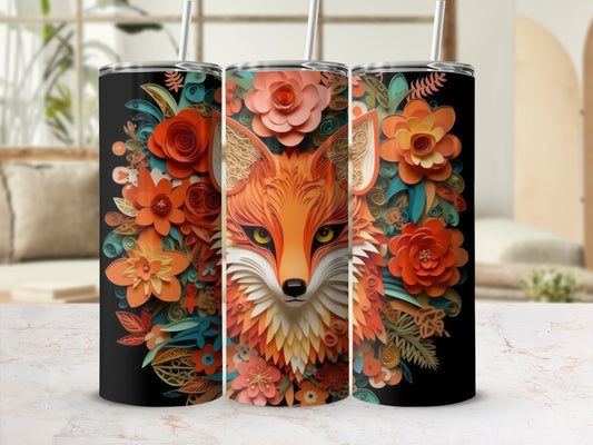 Foxy floral design on black tumbler with straws.