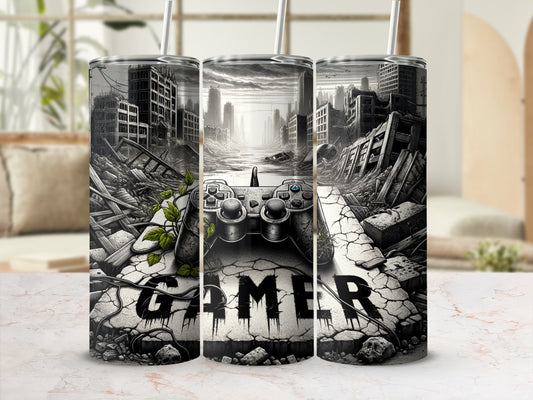Post-apocalyptic cityscape with a video game controller and "GAMER" text.