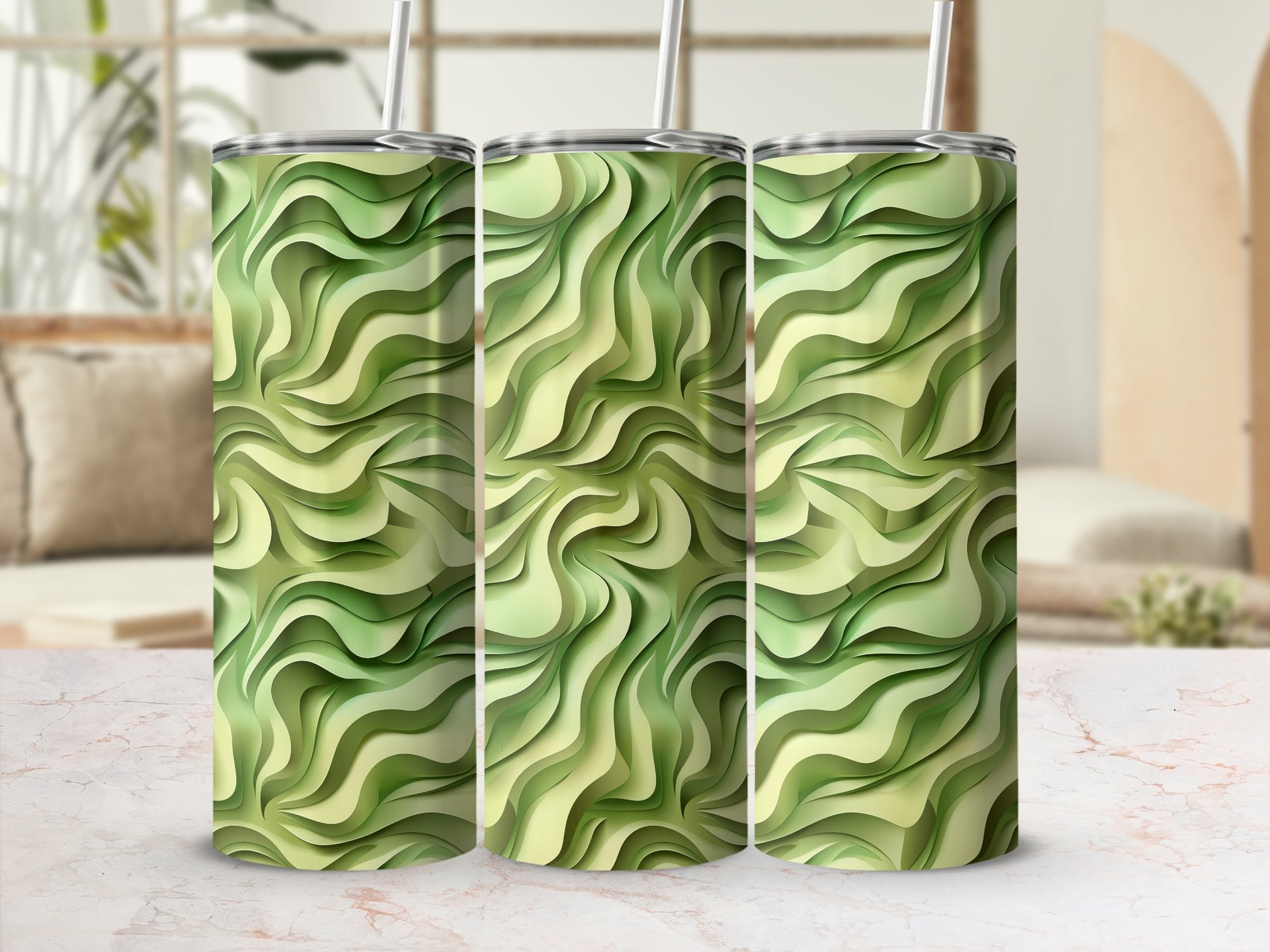 Green Wavy Pattern Insulated Tumbler Flask Cup