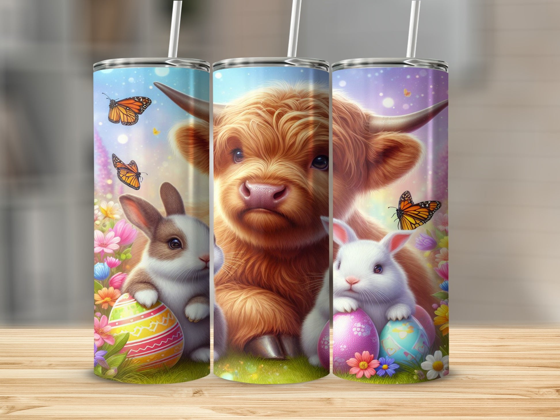 Easter Highland cow and bunnies with decorated eggs and butterflies.