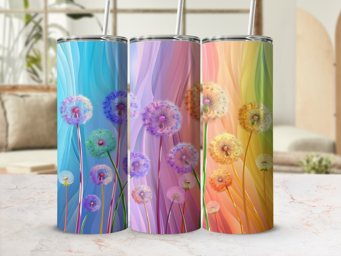 Three tumblers with gradient backgrounds and dandelion designs.