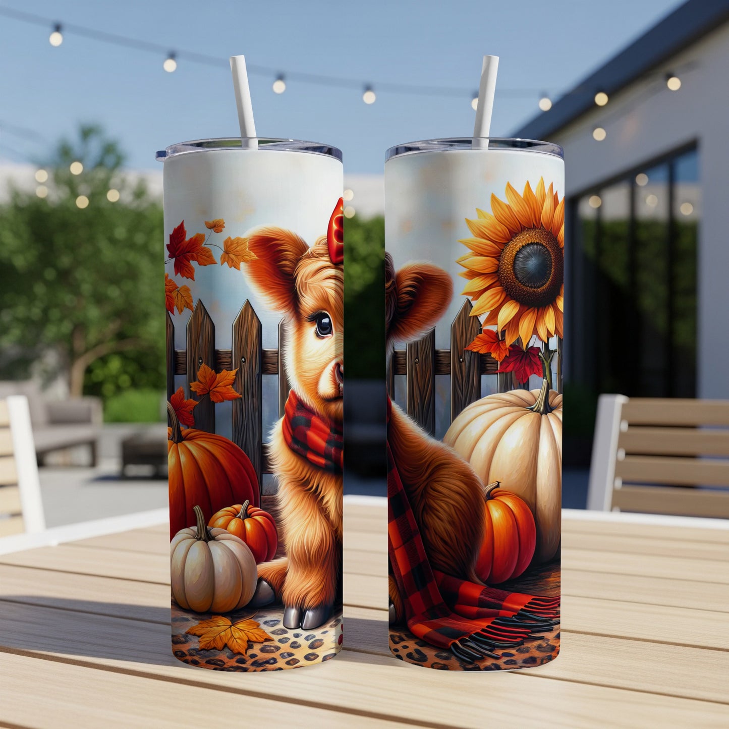 Cow with autumn leaves, pumpkins, and sunflowers on a tumbler.