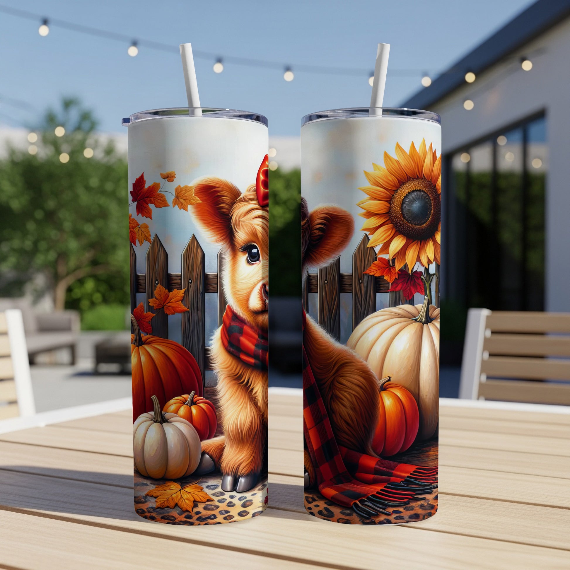 Cow with autumn leaves, pumpkins, and sunflowers on a tumbler.