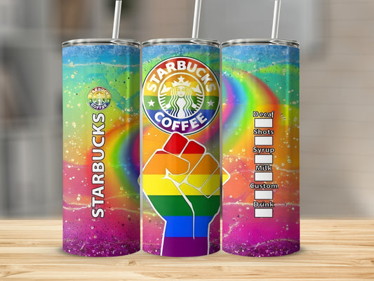 Starbucks tumbler with rainbow fist, coffee cup, and drink options.