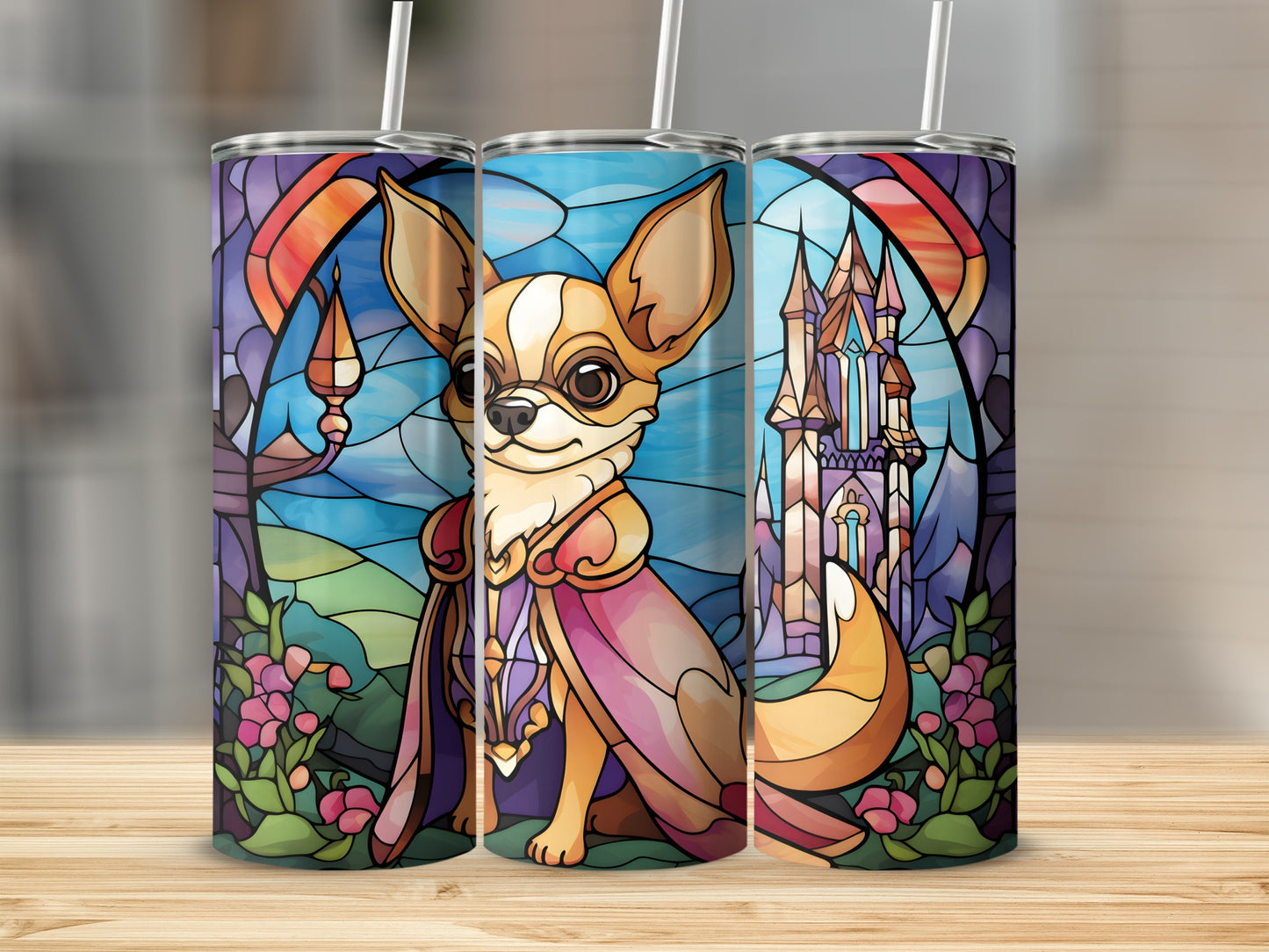 Chihuahua in a stained glass style with a castle and flowers.
