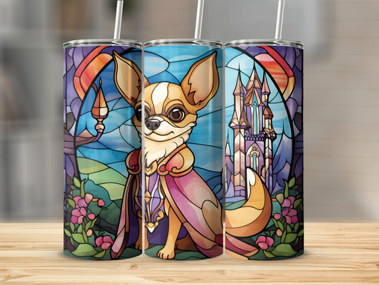 Chihuahua in a stained glass style with a castle and flowers.