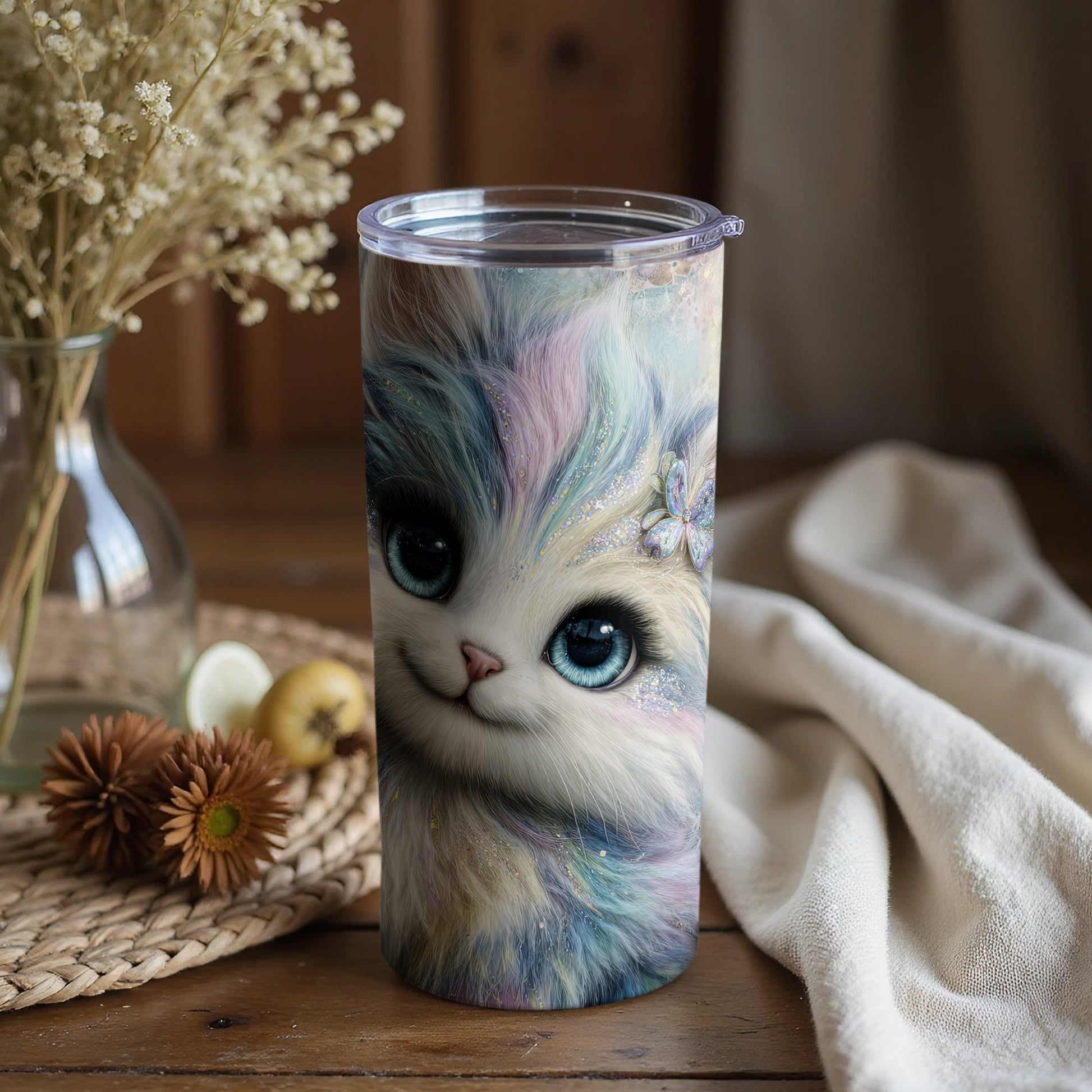 Adorable Whimsical Cat Tumbler with Blue Eyes